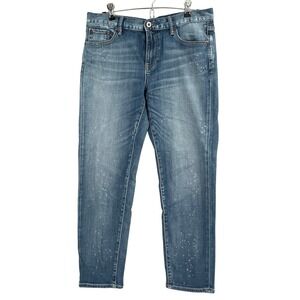 Uniqlo Womens Slim Boyfriend Jeans Blue‎ Paint Splatter Tapered Kaihara Size 26